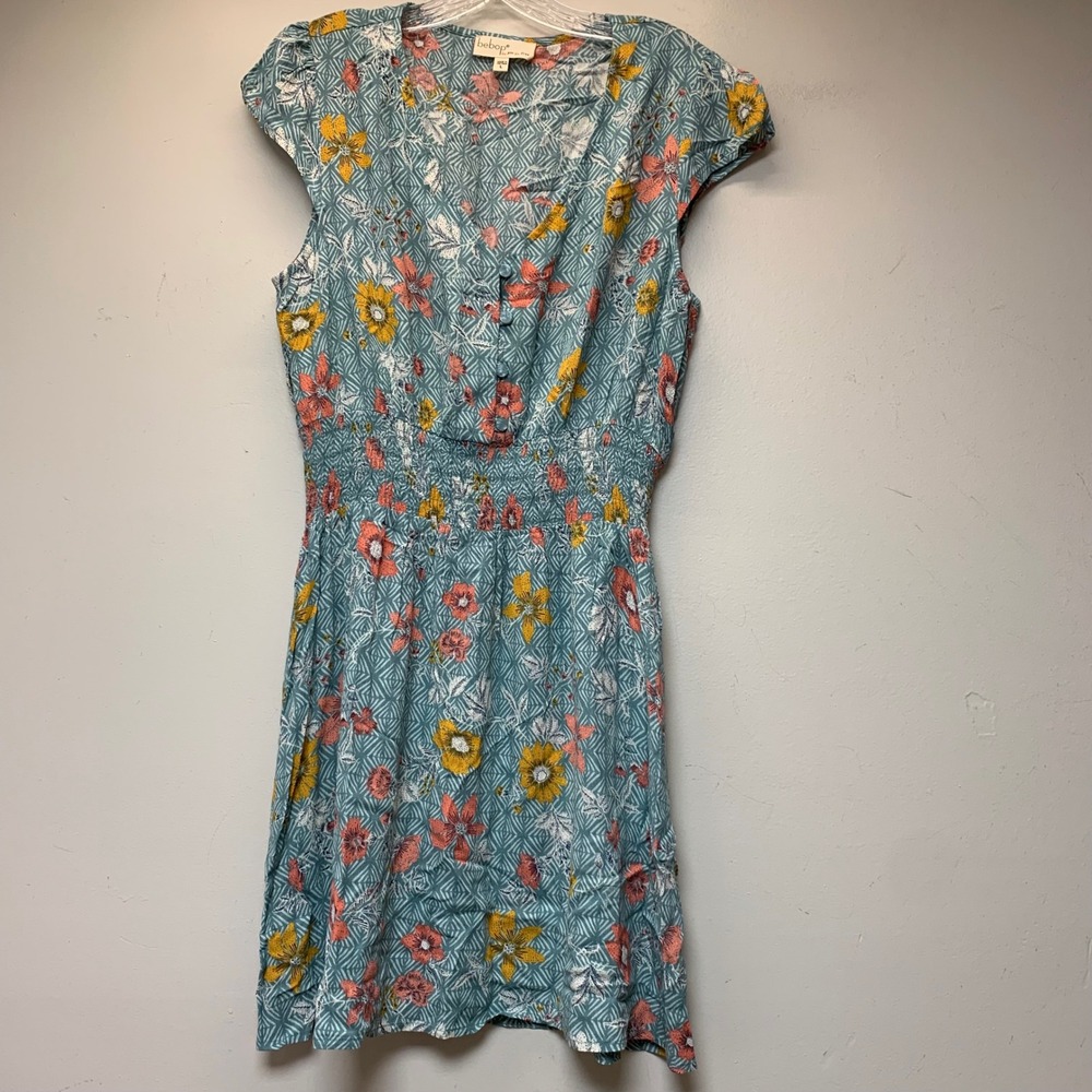 Bebop Floral Smocked Waist Mini Dress Womens Large Blue‎ Excellent Rayon Boho